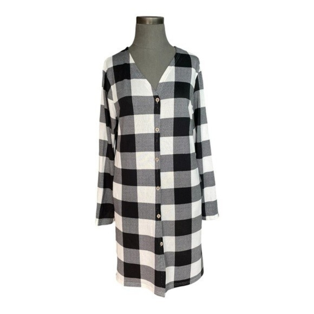 Womens Buffalo Plaid Shirt Dress Black White Button Front Tunic Size M NWT - Picture 3 of 7